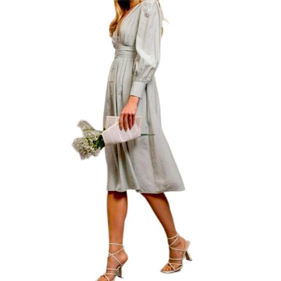 By The River Muted Mint Green Silver Accent LongSleeve Midi Dress Peasant Boho - Picture 2 of 9